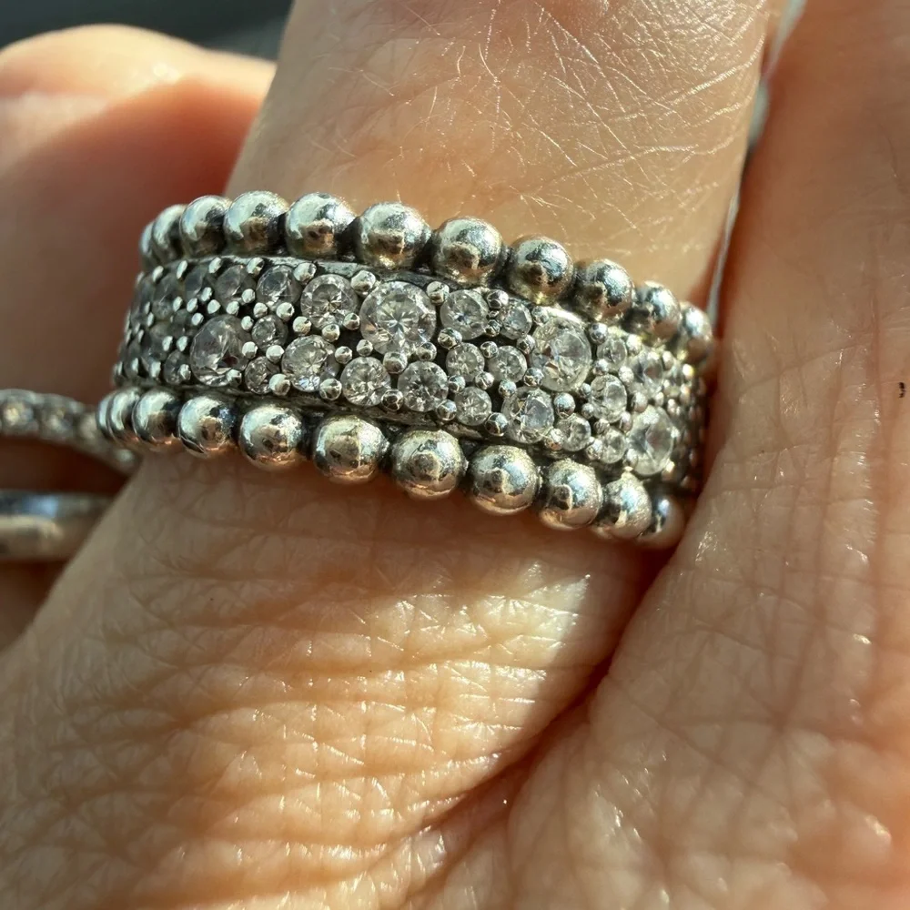 Pandora Pave Silver Beaded Ring sz 7 - Picture 4 of 5